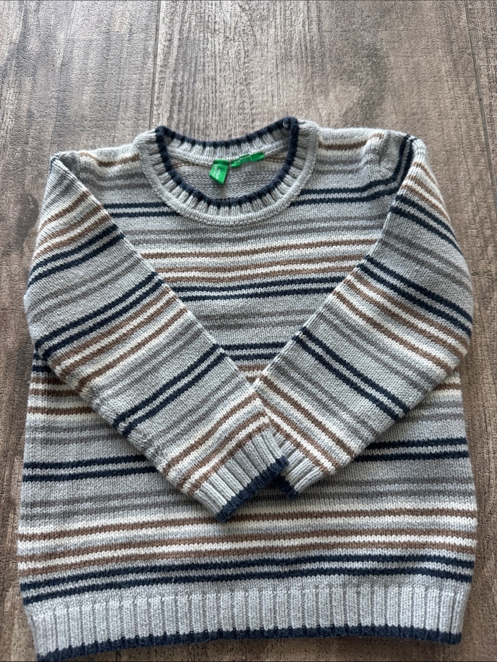United Colors Of Benetton Striped Crewneck Sweater in Gray, Navy & Brown